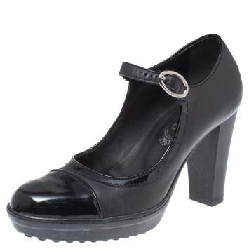 Pre Owned Tod's Black Patent Leather Mary Jane Block Heel Platform Pumps Size 35