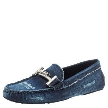 Pre Owned Tod's Blue Distressed Denim Double T Crystal Embellished Loafers Size 36.5