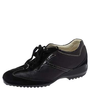 Pre Owned Tod's Black Leather, Suede and Python Trim Lace Low Top Sneakers Size 36