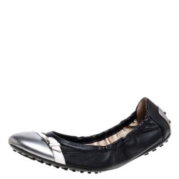 Pre Owned Tod's Black/Silver Leather Buckle Cap Toe Scrunch Ballet Flats Size 39.5