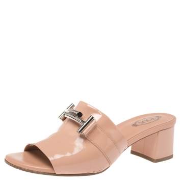 Pre Owned Tod's Light Peach Patent Leather Double T Mule Sandals Size 37