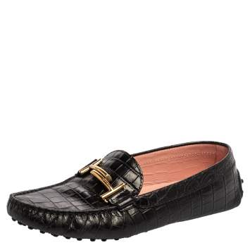 Pre Owned Tod's Black Croc Embossed Leather Gommino Double T Buckle Driver Loafers Size 39