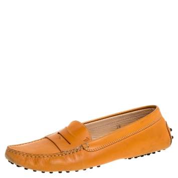 Pre Owned Tod's Orange Leather Penny Slip On Loafers Size 39