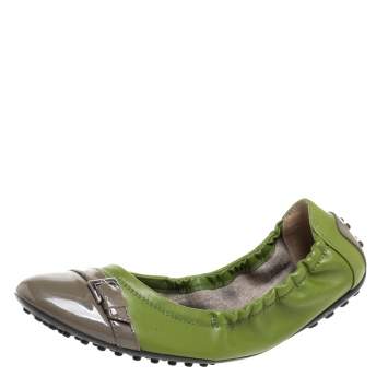 Pre Owned Tod's Green Leather Scrunch Cap Toe Buckle Detail Ballet Flats Size 38.5