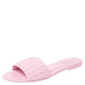 Pre Owned Tod's Pink Studded Suede Flat Slide Sandals Size 38.5