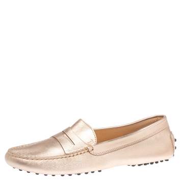 Pre Owned Tod's Metallic Gold Leather Penny Loafers Size 39.5