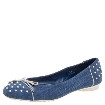 Pre Owned Tod's Blue Denim Fabric Studded Bow Cap Toe  Ballet Flats Size 38