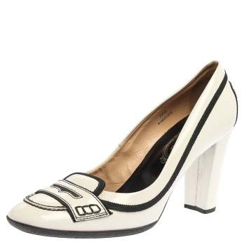Pre Owned Tod's White Patent Leather 'Jodie' Penny Loafer Pumps Size 38.5
