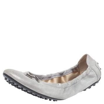 Pre Owned Tod's Silver Shimmer Suede Scrunch Ballerina Bow Flats Size 40
