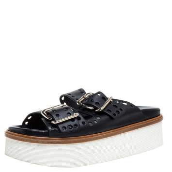 Pre Owned Tod's Black Perforated Leather Buckled Platform Sandals Size 38.5
