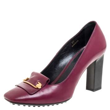 Pre Owned Tod's Burgundy Leather Block Heel Square Toe Pumps Size 37