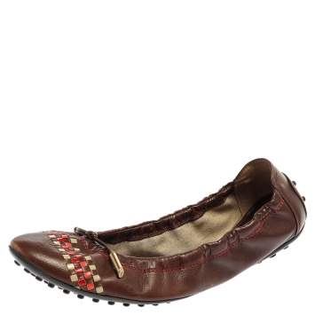 Pre Owned Tod's Brown Leather Knotted Tassel Scrunch Ballet Flats Size 39