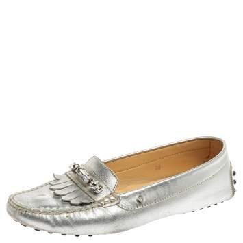 Pre Owned Tod's Silver Leather Crystal Embellished Fringe Loafers Size 38