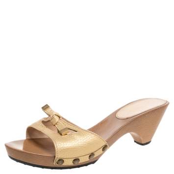 Pre Owned Tod's Gold Leather Knotted Bow Platform Slide Sandals Size 38
