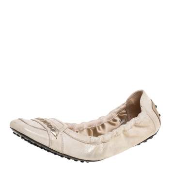 Pre Owned Tod's Cream Metallic Suede Braided Detail Square Toe Scrunch Flats Size 38
