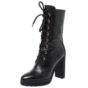 Pre Owned Tod's Black Leather Lace Up Block Heel Hiking Mid Length Boots Size 38.5