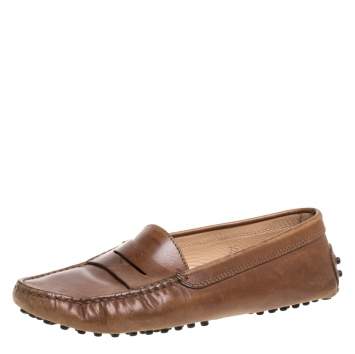 Pre Owned Tod's Brown Leather Penny Slip On Loafers Size 35