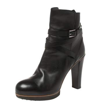 Pre Owned Tod's Black Leather Buckle Strap Platform Ankle Boots Size 41