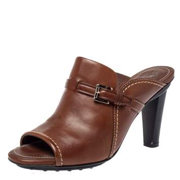 Pre Owned Tod's Brown Leather Open Toe Buckle Detail Mule Sandals Size 39