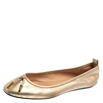 Pre Owned Tod's Gold Leather Studded Ballet Flats Size 35.5