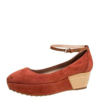 Pre Owned Tod's Orange Suede Ankle Strap Platform Wedge Pumps Size 38.5