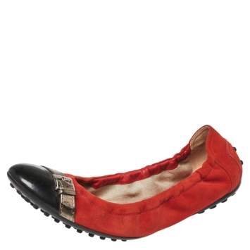 Pre Owned Tod's Orange/Black Suede and Patent Leather Cap Toe Scrunch Ballet Flats Size 37.5