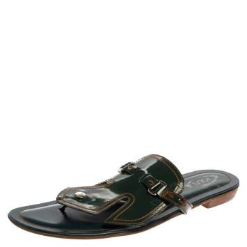 Pre Owned Tod's Green Patent Leather Buckle Detail Thong Flats Size 40.5