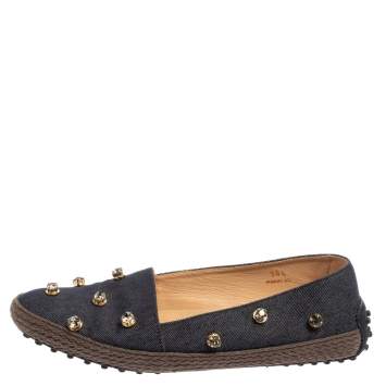 مملوكة مسبقًا Tod's Blue Denim Fabric Crystal Embellished  Espadrille Loafers Size 38.5