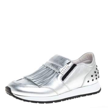 Pre Owned Tod's Silver/Black Leather Fringed Slip On Sneakers Size 37.5