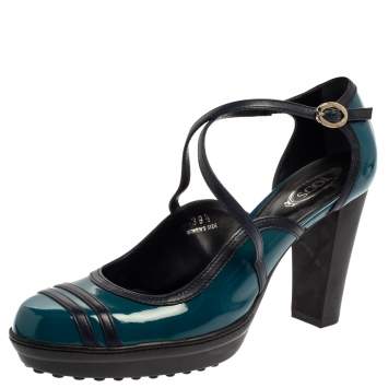 Pre Owned Tod's Blue Patent Leather Ankle Strap Platform Pumps Size 39.5