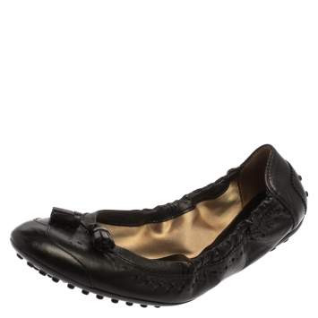 Pre Owned Tod's Black Brogue Leather Fringe Bow Ballet Flats Size 38.5