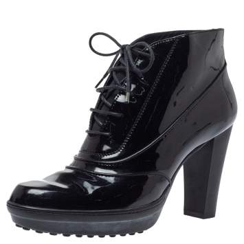 Pre Owned Tod's Black Patent Leather Lace Up Ankle Boots Size 39.5