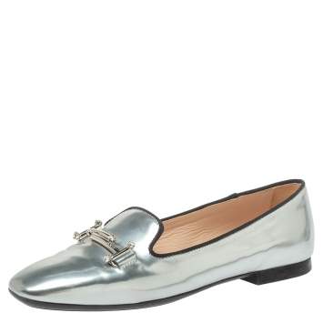 Pre Owned Tod's Metallic Silver Patent Leather  Double T-Smoking Slippers Size 36.5