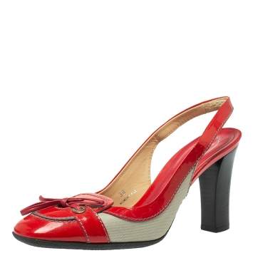 Pre Owned Tod's Red Leather And Fabric Bow Slingback Sandals Size 38