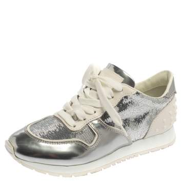 Pre Owned Tod's Metallic Silver Leather And Sequin Low Top Sneakers Size 37