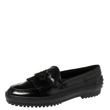 Pre Owned Tod's Black Leather Fringe Tassel Loafers Size 39.5