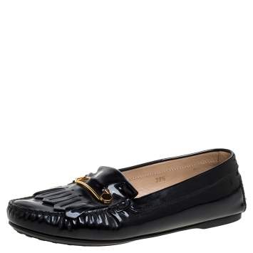 Pre Owned Tod's Black Patent Leather Safety Pin Fringe Loafers Size 38.5