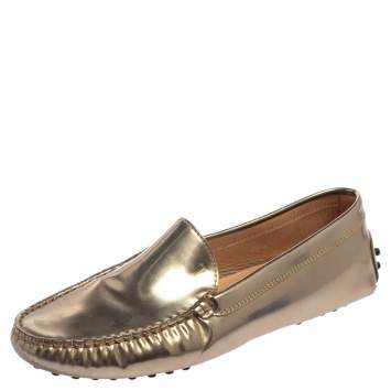 Pre Owned Tod's Metallic Gold Leather Slip On Loafers Size 36.5