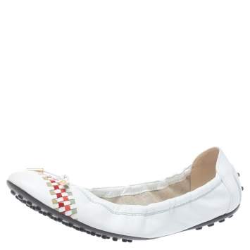Pre Owned Tod's White Leather Bow Scrunch Ballet Flats Size 40
