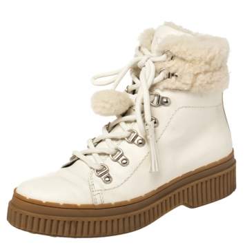 Pre Owned Tod's Ivory Leather and Shearling Lace Up Ankle Boots Size 36
