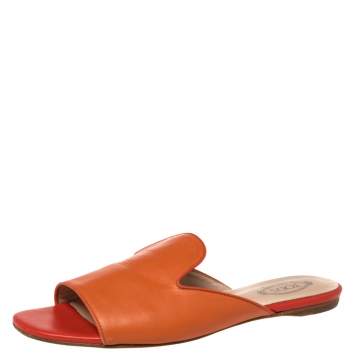 Pre Owned Tod's Orange Leather Flat Slides Size 39