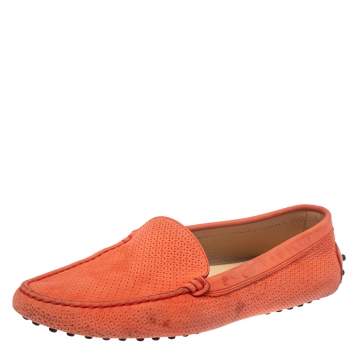 Pre Owned Tod's Coral Red Perforated Suede Loafers Size 39