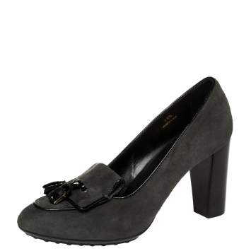 Pre Owned Tod's Grey Suede And Leather Trim Tassel Loafer Pumps Size 38.5