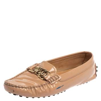 Pre Owned Tod's Old Rose Pink Patent Leather Chain Detail Slip On Loafers 34.5