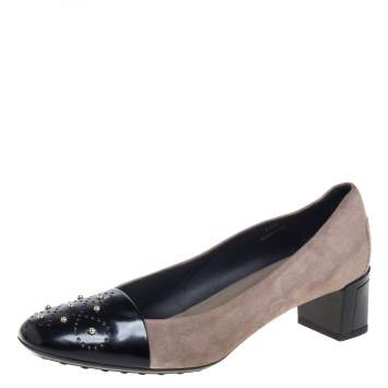 Pre Owned Tod's Grey Suede And Leather Metal Embellishment  Slip On Pumps Size 38.5