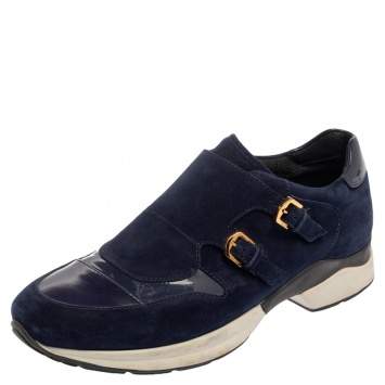 Pre Owned Tod's Navy Blue Suede And Patent Leather Double Buckle Sneakers Size 38