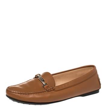 Pre Owned Tod's Brown Leather Double T Loafers Size 41