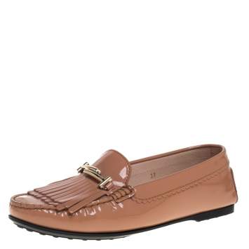 Pre Owned Tod's Beige Patent Leather Double T Fringe Loafers Size 37