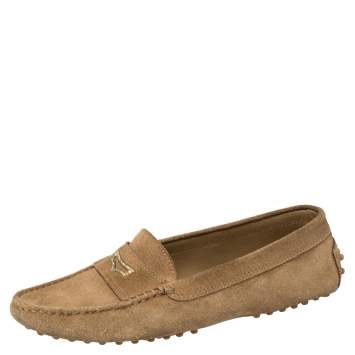 Pre Owned Tod's Light Brown Crystal Embellished Penny Loafers Size 38.5