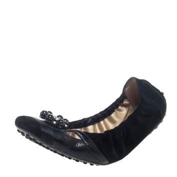 Pre Owned Tod's Black Suede And Patent Leather Embellished Scrunch Ballet Flats Size 38